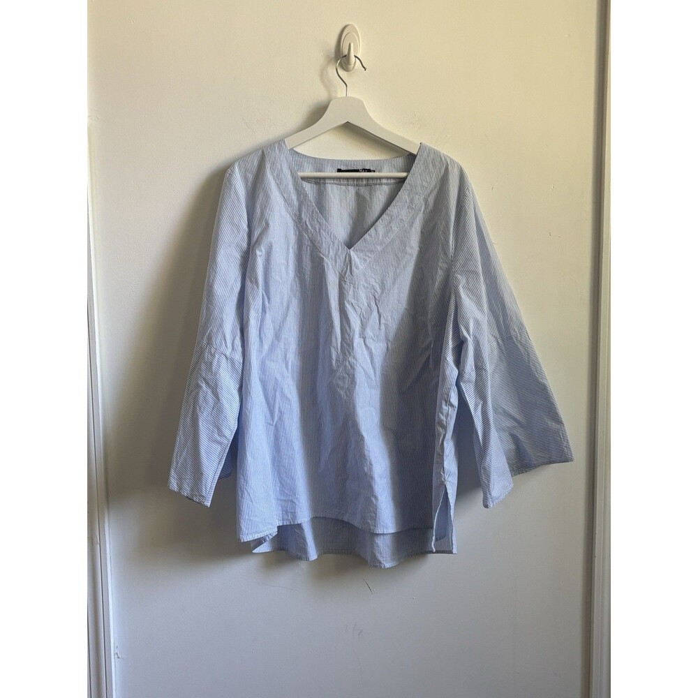 MAX Jeans Blouse Women’s 2X Blue White Stripe V-Neck 3/4 Bell Sleeve Cotton boho